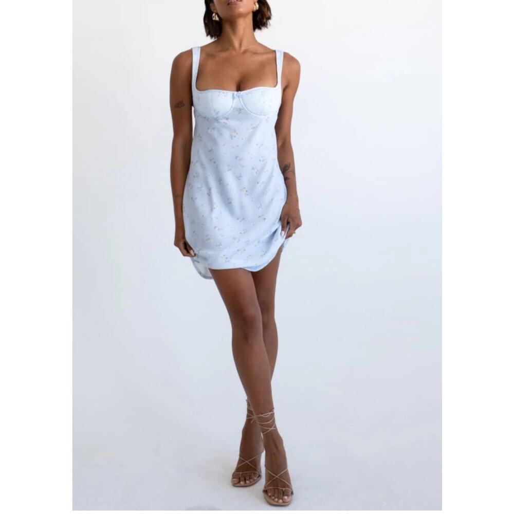 Rumored Loverboy Mini Dress Forget Me Not Blue Floral Bustier Satin NWT Medium M - Picture 3 of 11